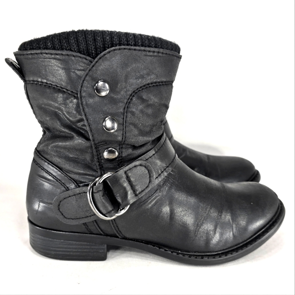 Aldo Black Vegan Leather, Sweater Cuff, Stacked Heel, Moto Bootie. WMS 8M